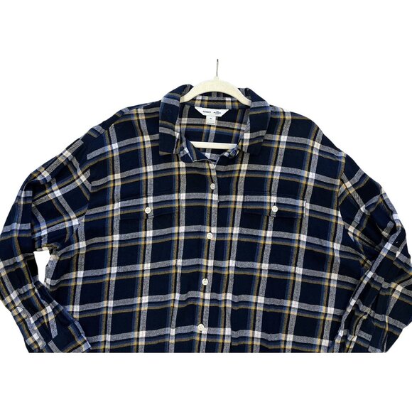 Old Navy Womens XL Boyfriend Shirt 100% Cotton Plaid Navy White - Picture 2 of 7